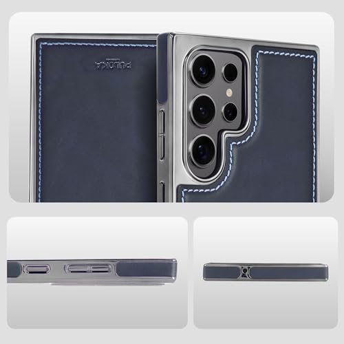 Image of PULOKA Chrome Leather Back Case - Compatible with Samsung Galaxy S23 Ultra - Luxury Bumper Case - Flexible Vegan Leather - Electroplated Sides - Full Camera Protetection & Raised Edges - Blue