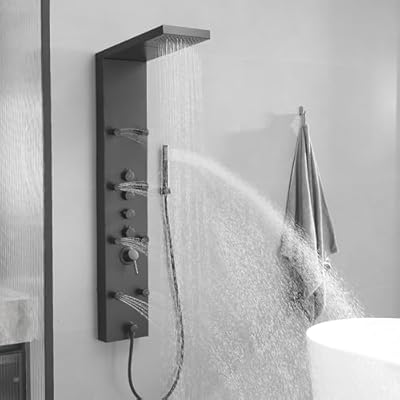 BATHLAVISH Shower Panel Tower System, 4 in 1 Stainless Steel Rainfall Shower Panels with 4-Functions, 8 Body Massage Jets, Handheld Head, Wall Mounted Matte Black