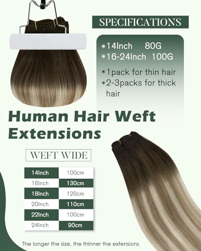 Image of Ugeat Weft Hair Extensions Human Hair, Real Hair Extensions Sew in 14 Inch 80g, Hair Weft Extensions, Chocolate Brown Balayage Medium Brown Mix Bleach Blonde