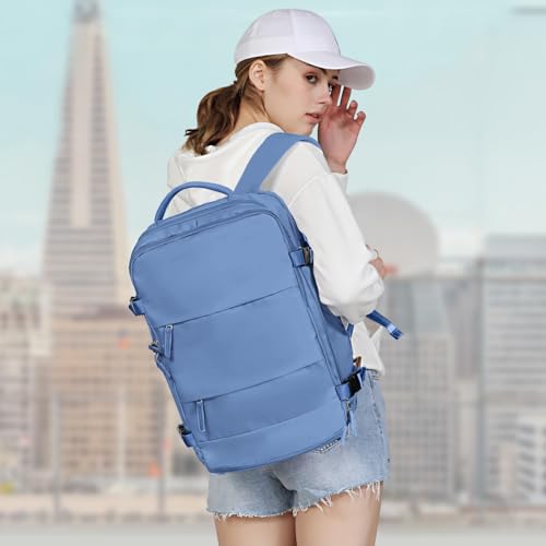 Image of coowoz Large Travel Backpack For Women Men,Carry On Backpack Flight Approved,Hiking Backpack Outdoor Rucksack Casual Daypack Fit 15.6 Inch Laptop Shoes Compartment (Sky Blue L)