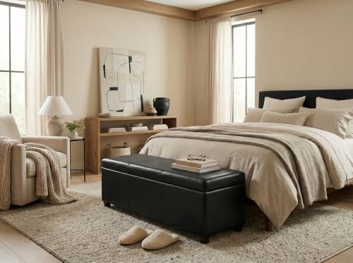 Image of SIMPLIHOME Avalon 54 inch Wide Vegan Leather Storage Ottoman in Midnight Black