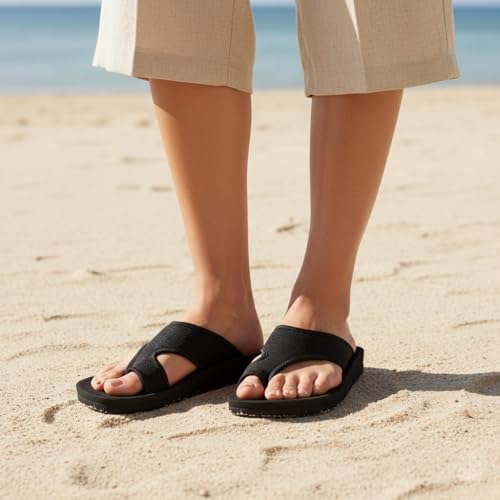 Image of AEROTHOTIC Comfortable Flip Flops for Women with Arch Support Soft Padded Mesh Straps with Breathable Footbed Slip On Footwear Indoor Outdoor Travel Beach walking Sandals Women