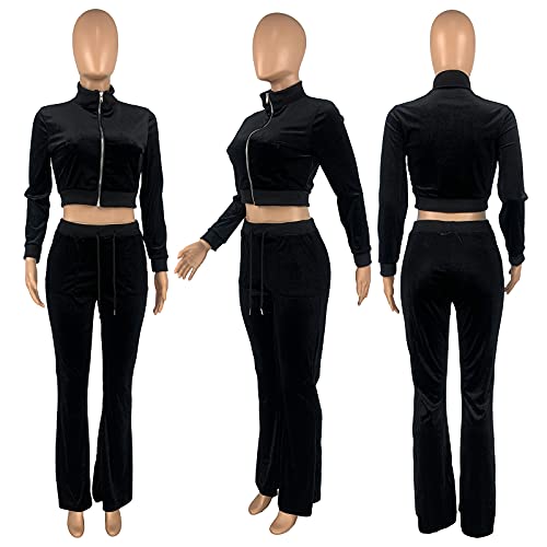 Womens Two Piece Outfits Tracksuit - Zip Up Jackets and Long SweatPants Jogging Suit Sweatsuits Lounge Set Black S - Thumbnail 7