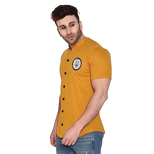 Image of Geum Men's Mandarin Collar Shirt with Graphic Print| Short Sleeve Cotton Blend Slim Fit Casual Shirt for Men