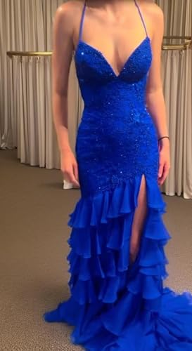 Floral Mermaid Prom Dresses with Slit Ruffle 2025 Sparkly Long Chiffon Backless V-Neck Formal Evening Gown3