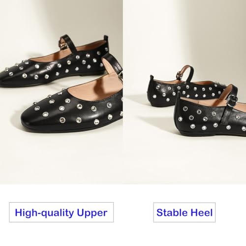 Women's Rhinestone Studded Summer Lightweight Mary Jane Flats Retro Comfortable Square Toe Adjustable Ankle Buckle Leather Ballet Flats for Casual Dress Walking Shoes3