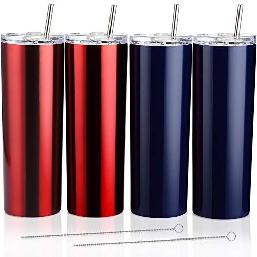 4 Pack Classic Tumbler Stainless Steel Double-Insulated Water Tumbler Cup with Lid and Straw Vacuum Travel Mug Gift with Cleaning Brush Transparent Red Dark Blue 20 oz