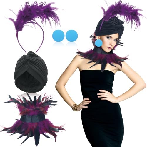 Langyiwee Villain Costume for Women Purple Feather Blue Collar Button Earrings Elastic Hat Feather...
