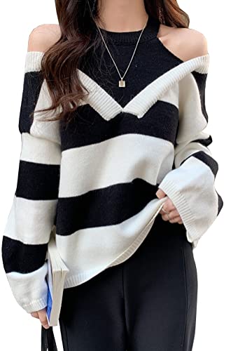 [JINZUOMA] レディース ニット セーター トップス カットソー プルオーバー 秋服 春服 長袖 ゆったり ファッション オフショルダー 肩出し セクシー 可愛い 柔らか 快適 カジュアル ボーダー柄 普段着 (ブラック,Free Size)のサムネイル