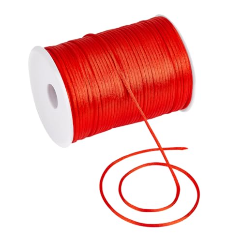PH PandaHall Cordón de satén de nailon de 3 mm de 142 yardas, cordón de satén rojo con carrete de hilo de nailon, cuerda de satén para cuentas trenzadas, pulseras, joyas, manualidades, cordones de