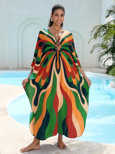 Image of IMAGEKOPE Women's Plus Size Animal Print V-Neck Batwing Kaftan Beach Dress Bathing Suit Cover-Up Loungewear