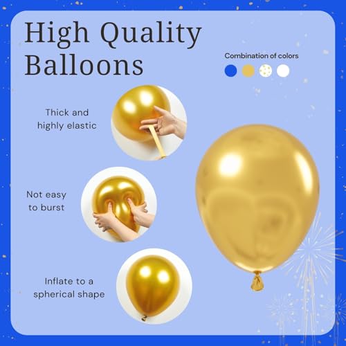 Image of BAUANOOY Royal Blue Gold White balloons, 60pcs 12 Inch Navy Blue Metallic Gold Confetti Balloon for Wedding Graduation Baby Shower Birthday Decorations