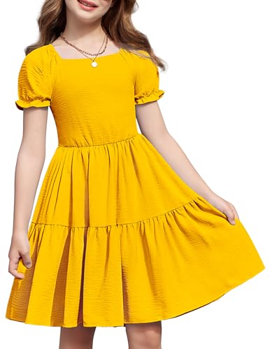 Arshiner Girls Summer Dress Tie Back Short Sleeve Square Neck Tiered Midi Casual Dresses with Pockets