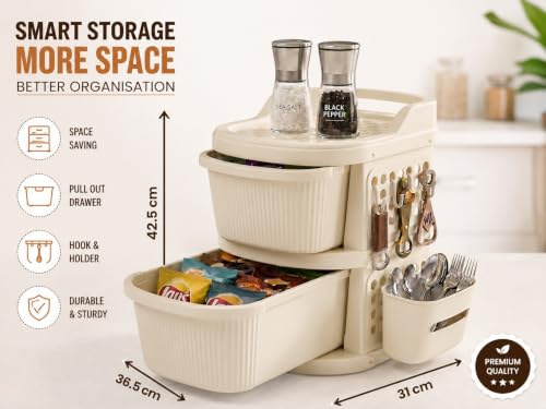 Image of KITCHIVO 2 Layer Multipurpose Plastic Storage Drawer Organizer with Top Tray & Side Hanging Basket for Kitchen, Bathroom, Bedroom, Office, Makeup, Cutlery & Home Organization