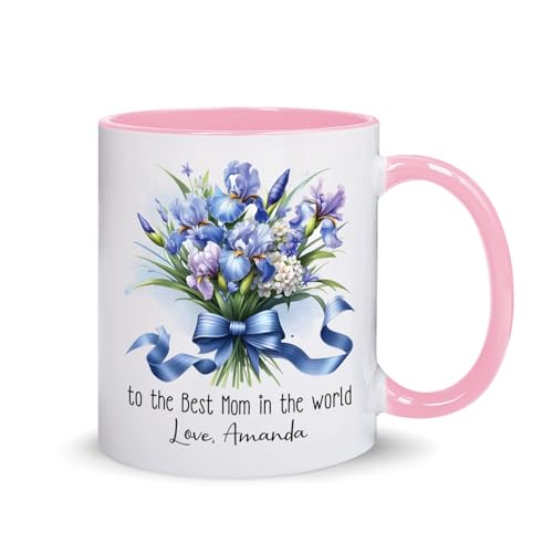 Yanria Beautiful Iris Flower Mugs Gifts For Women Mom Wife Aunt Sister, Personalized Iris Lover's Name Pottery Cup, Iris Blossom Accent Coffee Mug, Customized Plant Lover White Ceramic Cup 11oz 15oz