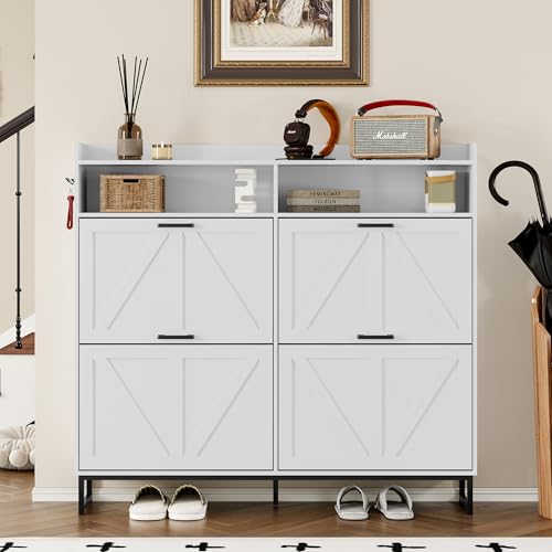 Image of BORNOON Shoe Cabinet with 4 Flip Drawers Narrow Shoe Storage Cabinet Organizer Wooden Freestanding Shoe Rack Hidden Slim Shoes Storage Cabinet for Entryway, Hallway, Living Room, Bedroom