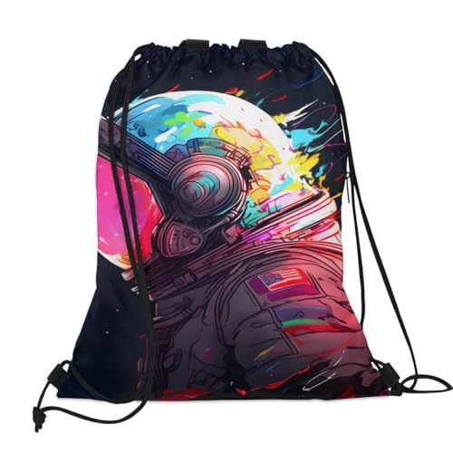 Cartoon Astronaut Drawstring Backpack Waterproof String Bag Sackpack Outer Space Cinch Sack for Traveling Gym Sports with Mesh Pockets2