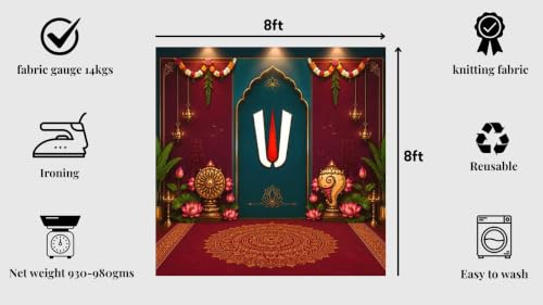 Image of Govinda namalu Backdrop| Tirupati Venkateswara Namam Backdrop with Shanku, Chakra, and Pink Lotuses 8x8 Feet | varamahalakshmi Backdrop