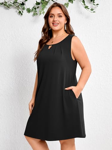 Image of AusLook Plus Size Summer Midi Dress for Women Sleeveless Casual A Line Swing Dress with Pockets Keyhole Neck Beach 1X-5X