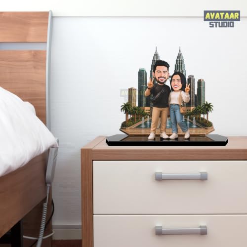 Image of Wood Rectangular Personalized Caricature Gift for Couple, 7 Inches, Tabletop Multicolor, Art Deco Style (COUPLE 15)