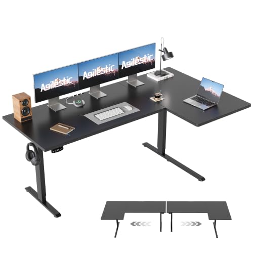 Image of Agilestic 63 Inch Reversible L Shaped Standing Desk, Electric Height Adjustable Desk with Memory Preset, Sit Stand Up Computer Workstation for Home Office, Splice Board, Black