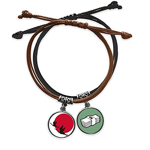 Pulsera de cuerda de mano y cuero Japan Red Black Flying Geese con amuleto para atraer dinero
