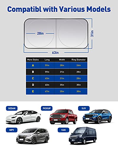 ZonCar Windshield Sun Shade fit for Most Sports Car Truck SUV Vans, Blocks UV Rays Sun Visor Protector, Foldable Car Front Window Sunshade Heat Shield Reflector Cover ( 63 x 32 in / 160 x 80 cm )