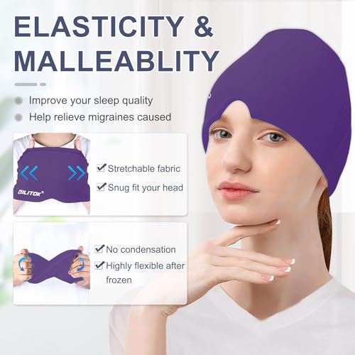 Image of EXQUISLIFE Migraine Headache Relief Cap, Gel Ice Head Wrap, Hot and Cold Therapy, Headache Eyes Mask for Sinus, Puffy Eyes, Tension and Stress Relief (Purple)