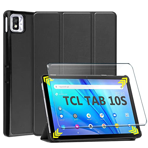 HYMY Funda para TCL Tab 10S + 1Pcs Vidrio Templado TCL Tab 10S 4G Protectores Pantalla, Protector de Pantalla with Flip Cover Case Carcasa-Black