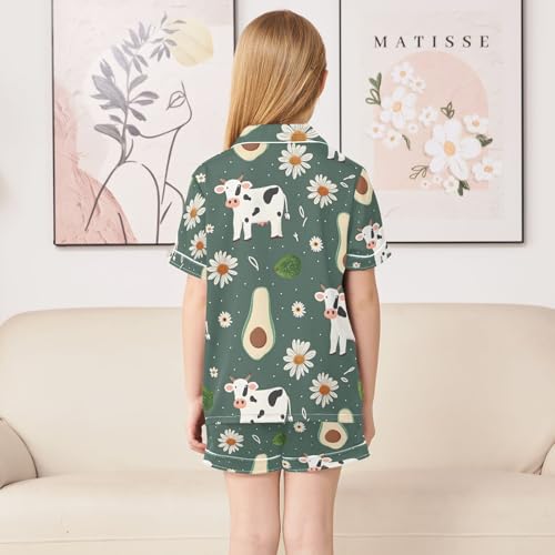 ALAZA Cow Daisy Flower Avocado Pajamas Satin Pajama Set Short Sleeve Button Down Sleepwear4