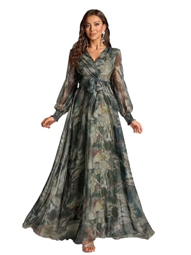 Image of TOLEEN Summer Casual Dresses for Women 2024 Spring Fashion Boho V Neck Long Sleeve Ruffle Floral Print Elegant Maxi Dress
