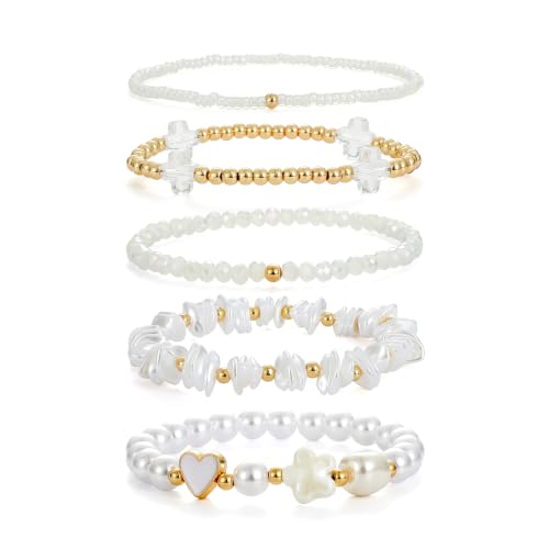GOOJIDS Gold Charms Beaded Stackable Bracelets For Women Set Bohemia Multilayer Strand Friendship Elastic Wristbands Summer Beach Boho Vacation Bracelets Jewelry