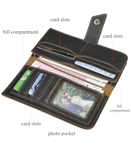 Vintage Mens Genuine Leather Bifold Wallet with Removable Security Chain RFID Blocking (Black,M)4