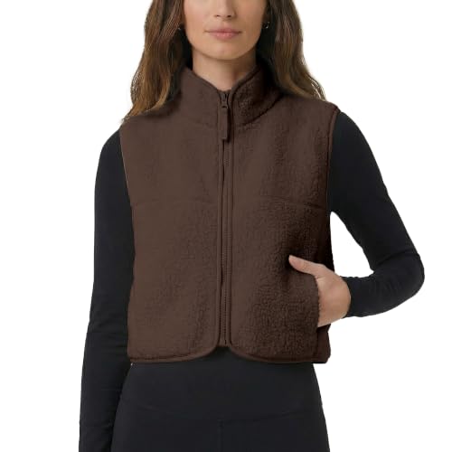 Yioaga Cropped Fleece Vest Women Sleeveless Stand Collar Zip Up Sherpa Jacket Fall Winter Warm Coats Outerwear with Pockets(Brown S)