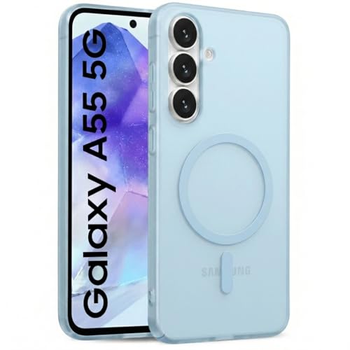 Image of DIZORO Matte Case for Samsung Galaxy A55 Compatible with MagSafe, Camera Lens Full Protection, Shockproof Translucent Frosted TPU Soft Phone Cover, Anti-Fingerprint (Blue)