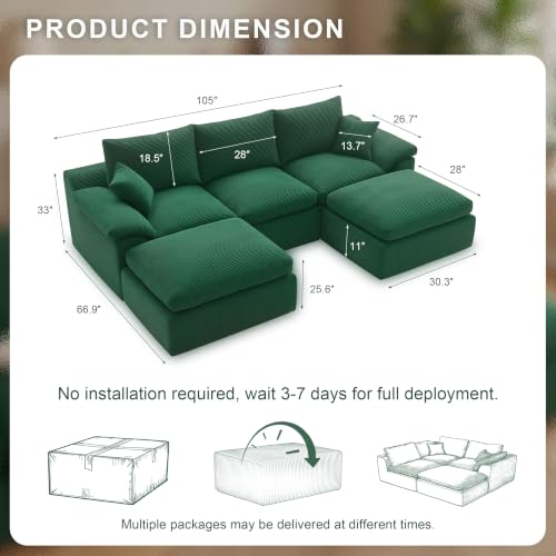 Image of Cloud Sectional Couch, Boneless Couch Modular Sofa, Green | U shaped, Couches for Living Room & Apartments, Deep Seat & Convertible Ottoman, Kid & Pet Friendly, Family Ready