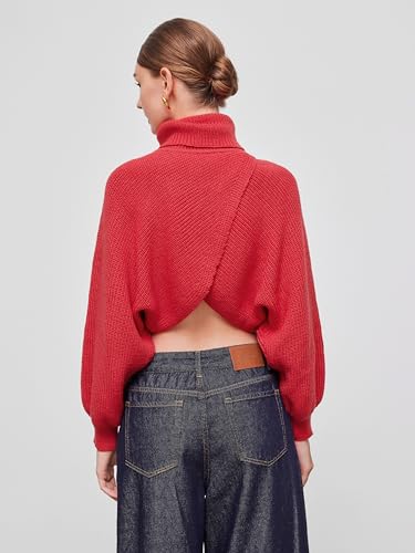 Image of CIDER Cropped Sweaters for Women Turtleneck Sweater Long Sleeve Ribbed Knit Lantern Sleeve Pullover Fall Outfits: Red, S