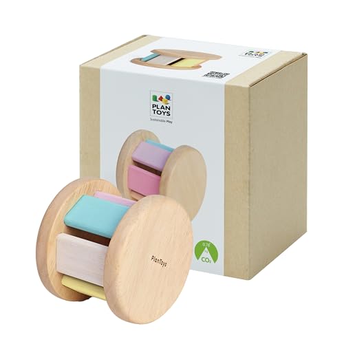 Image of PlanToys Pastel Wooden Roller Toy for Babies | Montessori Sensory Toy with Gentle Rattle Sound | Eco-Friendly Crawling & Motor Skill Toy for Infants 6+ Months