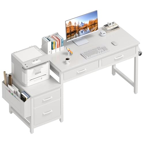 Lufeiya White Computer Desk with Fabric File Drawers...