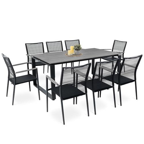 di volio Gartenmöbel PREZZA, langlebiges Gartenmöbel-Set für 6-8 Personen - Esstisch & 8 Stühle, Kunstholz & Aluminium, stapelbare und Bequeme Stühle (8+1)