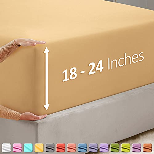 Image of Hearth & Harbor Extra Deep Pocket Queen Fitted Sheet - Fits 18 to 24 Inch Mattress - Ultra Soft 1800 Microfiber, Wrinkle-Free & Breathable - Hotel Luxury Fitted Sheet Only, Camel Gold