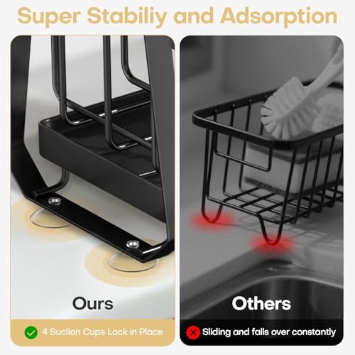 Image of Metal Sponge Holder for Kitchen Sink | Auto-Draining Sink Organizer Caddy with Drain Tray, Soap Dispenser Stand & Dish Brush Holder | Large Capacity Multipurpose Kitchen Storage Rack