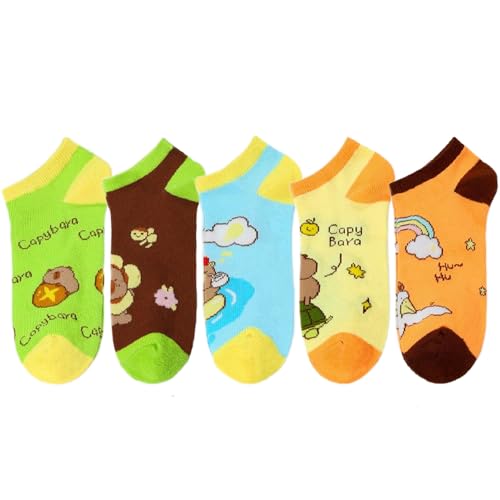 Image of 5 Pairs Cute Cartoon Animals Print Cotton Ankle Socks for Women Teens