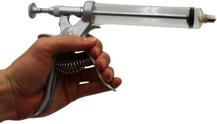 50cc Automatic Metallic Livestock Syringe with Luer Lock Tip – Adjustable Dosage, Heavy-Duty Continuous Injector for Cattle, Sheep, Goats, and Swine