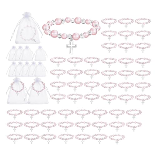 Feriany 60 regalos de bautizo para niñas, incluye 30 pulseras de perlas rosas con crucifijo y 30 bolsas de organza, pulseras de rosario extensibles