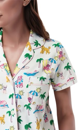 Image of Womens Pajamas Set Shorts Button Down 2 Piece Monkey Bunny Y2k Roller Dupes Rabbit Preppy Lounge Pjs Comfy Sleep Wear