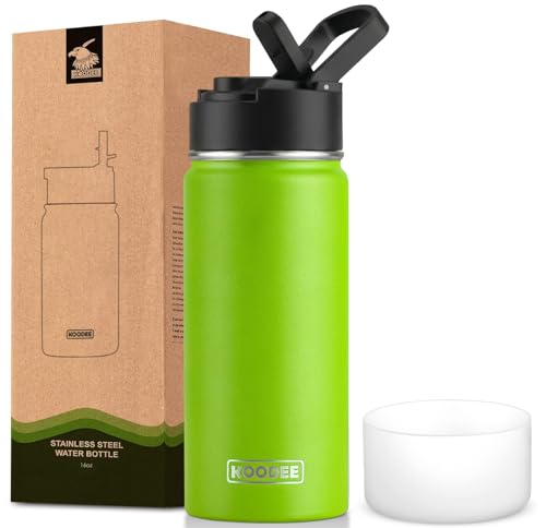 Image of Koodee 16 oz Water Bottle-Stainless Steel Double Wall Vacuum Insulated Wide Mouth Water Flask with Straw Lid, BPA Free(Apple Green)