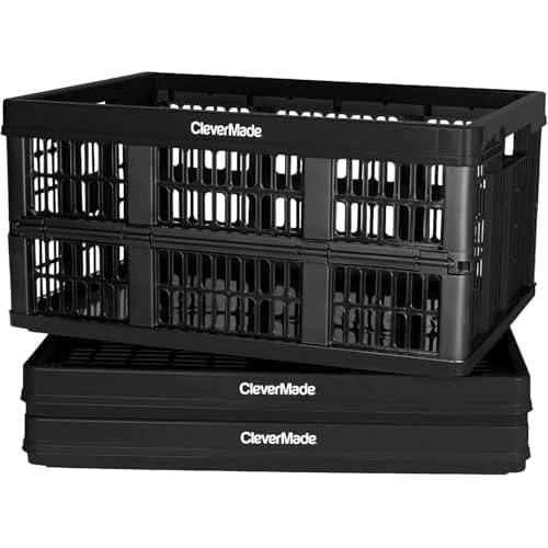 CleverMade Collapsible Utility Crates-Obsidian 3pck 45L / 11 Gal holds 66 lbs – Stackable Containers Heavy Duty Capacity Crates Space-Saving Baskets