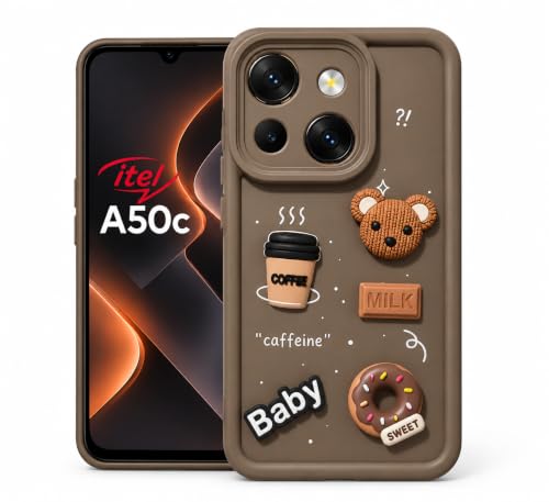 Image of Bintage Back Cover Compatible for Itel A669L / Itel A50C | Cute Fun Ball | 3D Taddy Smiley Coffee | Milk Case | Full Body Protection - Brown