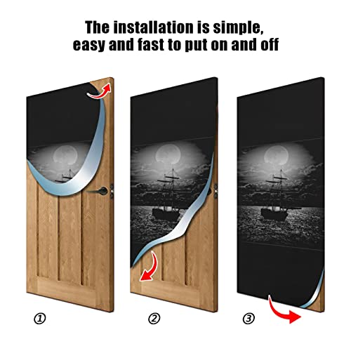 Lonely Sailboat in The Sea Against Full Moon Cloud Dark Pattern Door Cover, Washable Fabric Durable Door Decoration Silk Microfiber for Front Door Porch Home Indoor Outdoor Party 36x98 inches